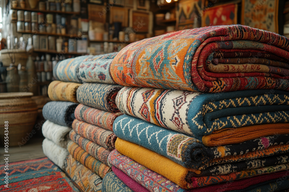 A variety of woolen carpet rolls displayed in an antique market, showcasing different patterns and colors.