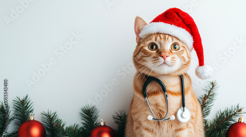 Adorable Ginger Cat in Santa Hat with Stethoscope and Copy Space for Veterinary Holiday Promotions or Festive Pet Care Services