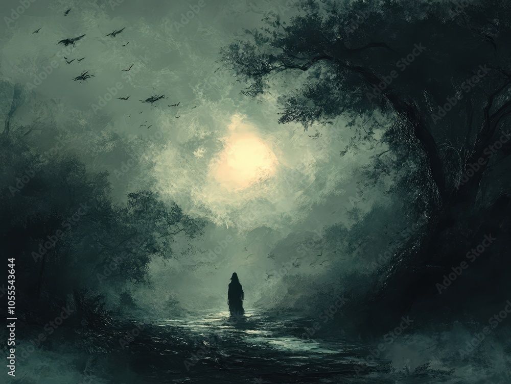 A mysterious figure stands in a dark, enchanting forest under an eerie moonlight, evoking a sense of intrigue and solitude.