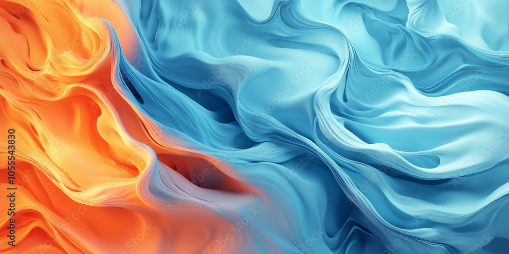 Fototapeta premium Abstract background with orange, blue, and turquoise color silky satin fabric swirl