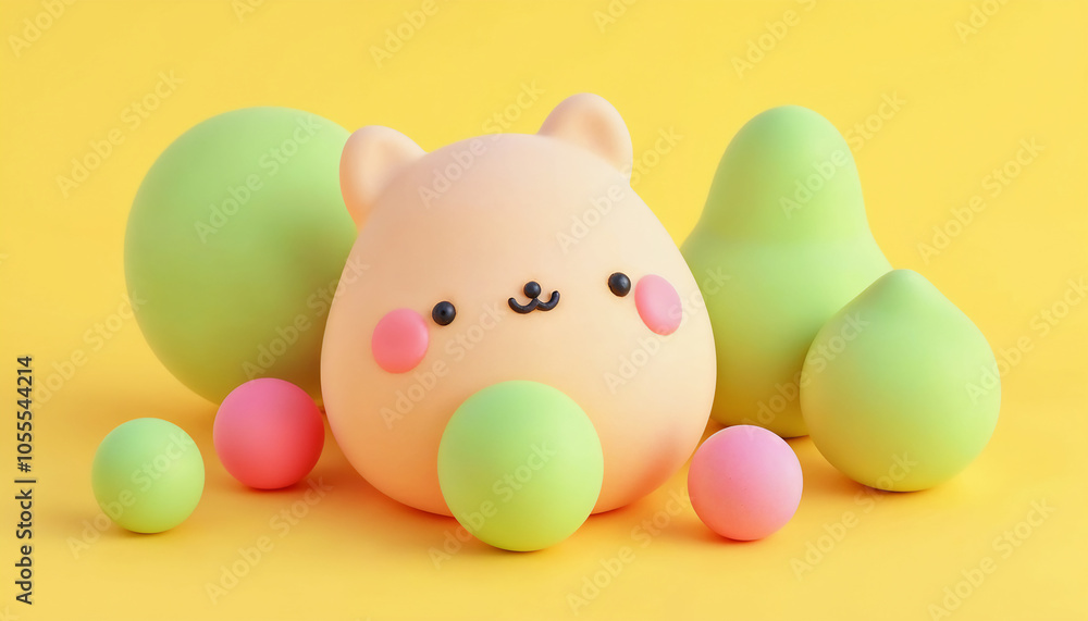 A Day in the Life of a Cute Creature This adorable 3D illustration features a happy little character surrounded by colorful balls.