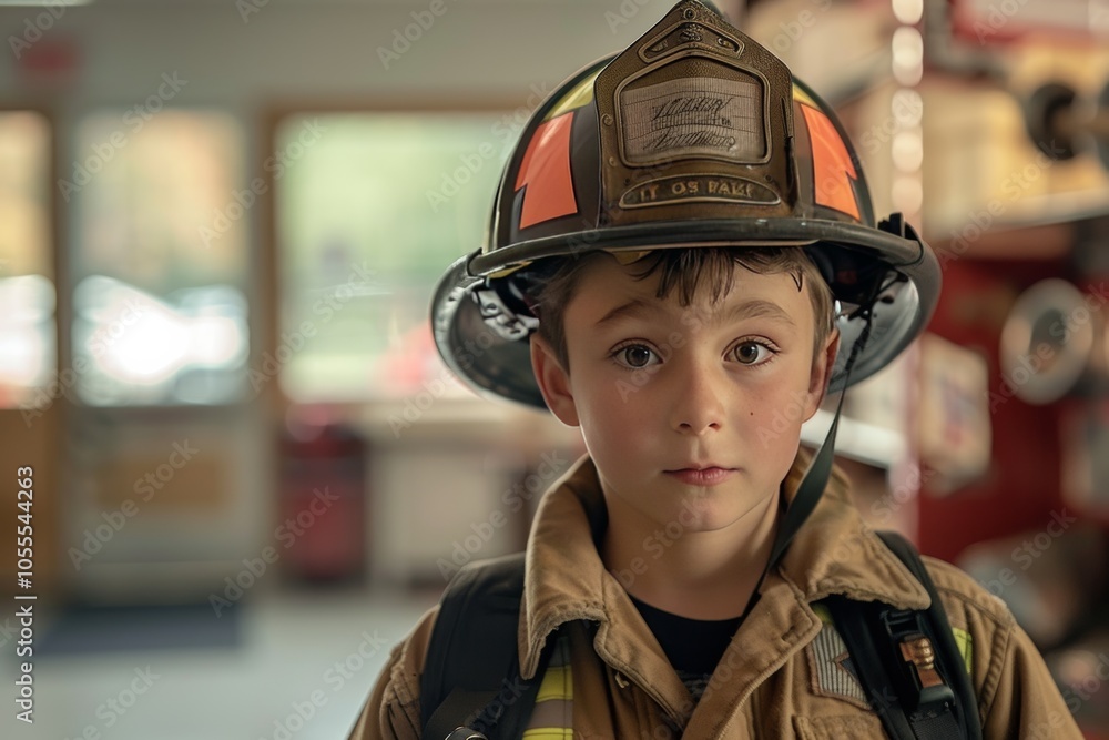of a young boy in a firefighter suit and helmet, making direct eye contact with the camera of a young boy in a firefighter suit and helmet, making direct eye contact with the camera