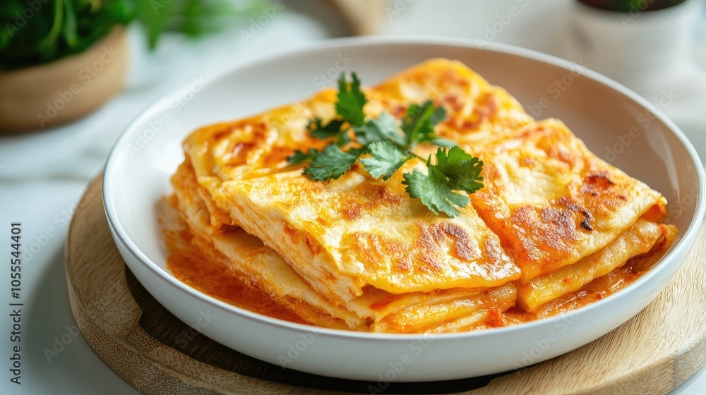 A serving of roti bawang putih on a white dish, with copy space for recipe, menu, or culinary branding. A serving of roti bawang putih on a white dish, with copy space for recipe, menu, or culinary branding.