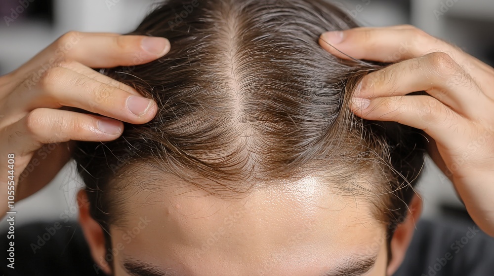 Fototapeta premium Young person examining thinning hair while standing indoors during daylight hours