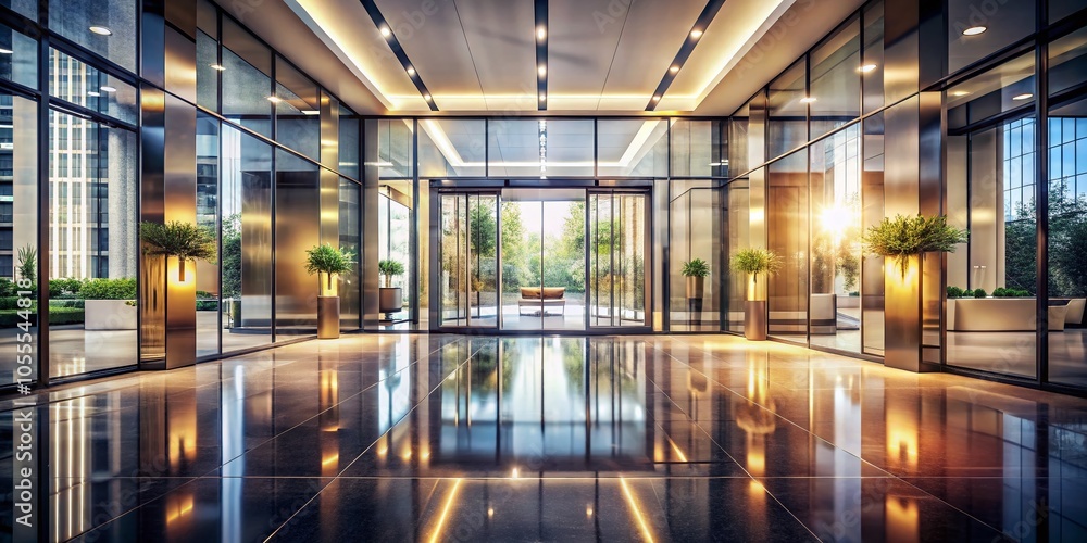 Stylish Glass Office Lobby in Low Light - Modern Entrance Perspective Stylish Glass Office Lobby in Low Light - Modern Entrance Perspective