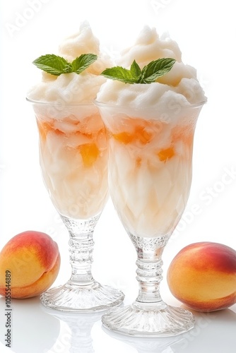 Two Refreshing Peach Sundaes, Topped with Whipped Cream and Mint, on a White Background