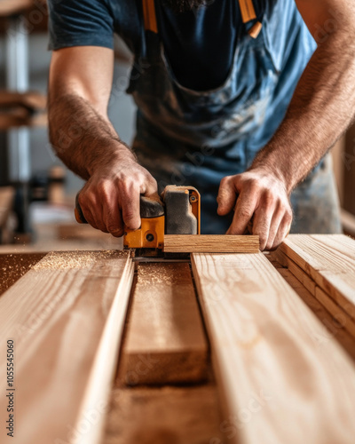 A carpenter cutting wood planks with a circular saw, preparing materials for a home improvement project. photo