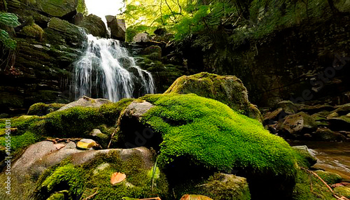 石に苔が生えているその横に滝が流れている