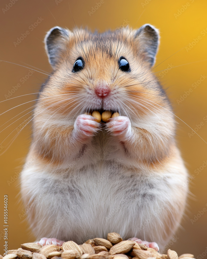 A close-up of a hamster stuffing its cheeks with seeds, showing off its adorable little face and tiny paws. A close-up of a hamster stuffing its cheeks with seeds, showing off its adorable little face and tiny paws.