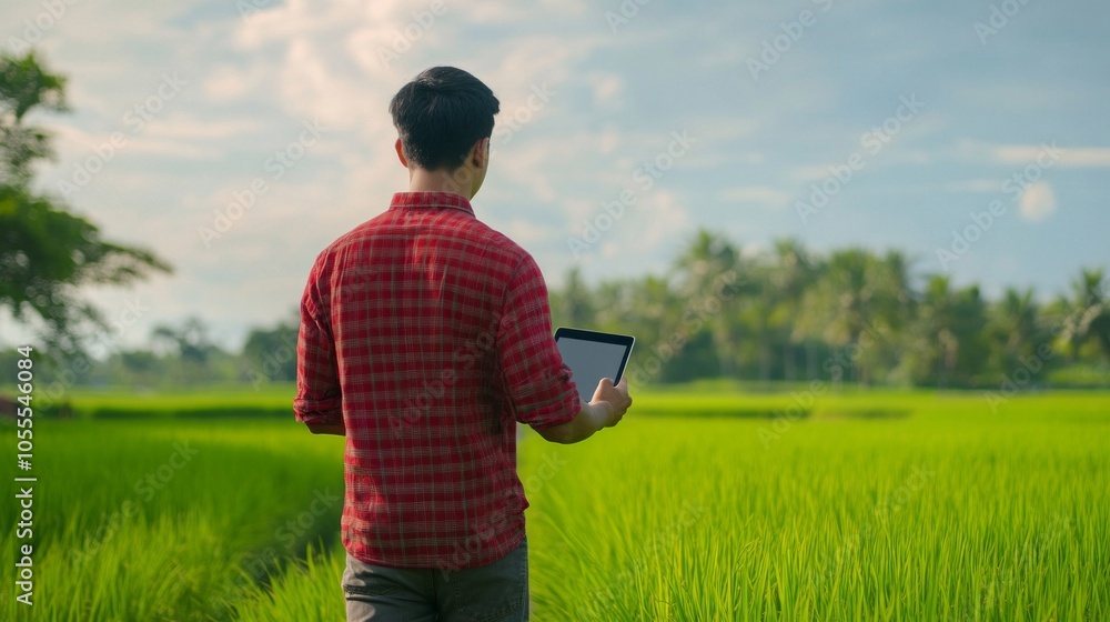 Zoomed-in blurred background, Thai male farmer, face without beard, wearing a red plaid shirt, left hand holding a MacBook Air, walking on the green rice field ridge on both sides. Zoomed-in blurred background, Thai male farmer, face without beard, wearing a red plaid shirt, left hand holding a MacBook Air, walking on the green rice field ridge on both sides.