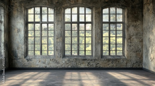 A textured old wall with large panoramic windows, providing ample copy space for text or design in the empty sections.