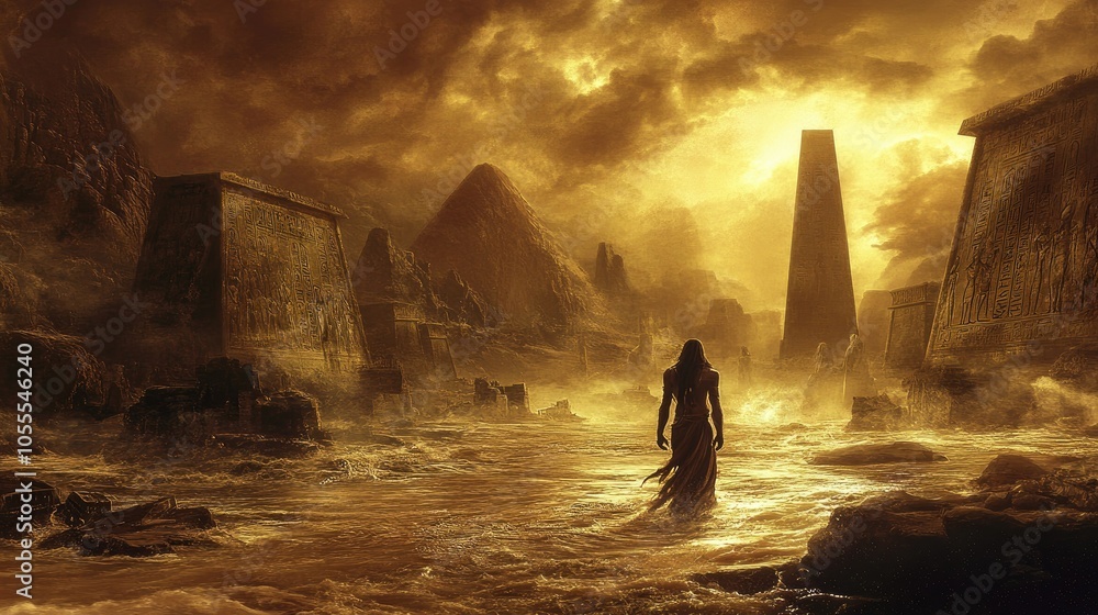Fototapeta premium In the underworld, a lone Egyptian god crosses the River of Souls, guiding lost spirits with his divine presence as the gateway to eternity looms ahead.