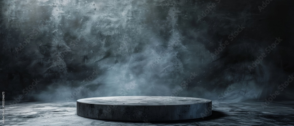 photo of a gray concrete podium or pedestal positioned on a dark concrete floor, surrounded photo of a gray concrete podium or pedestal positioned on a dark concrete floor, surrounded