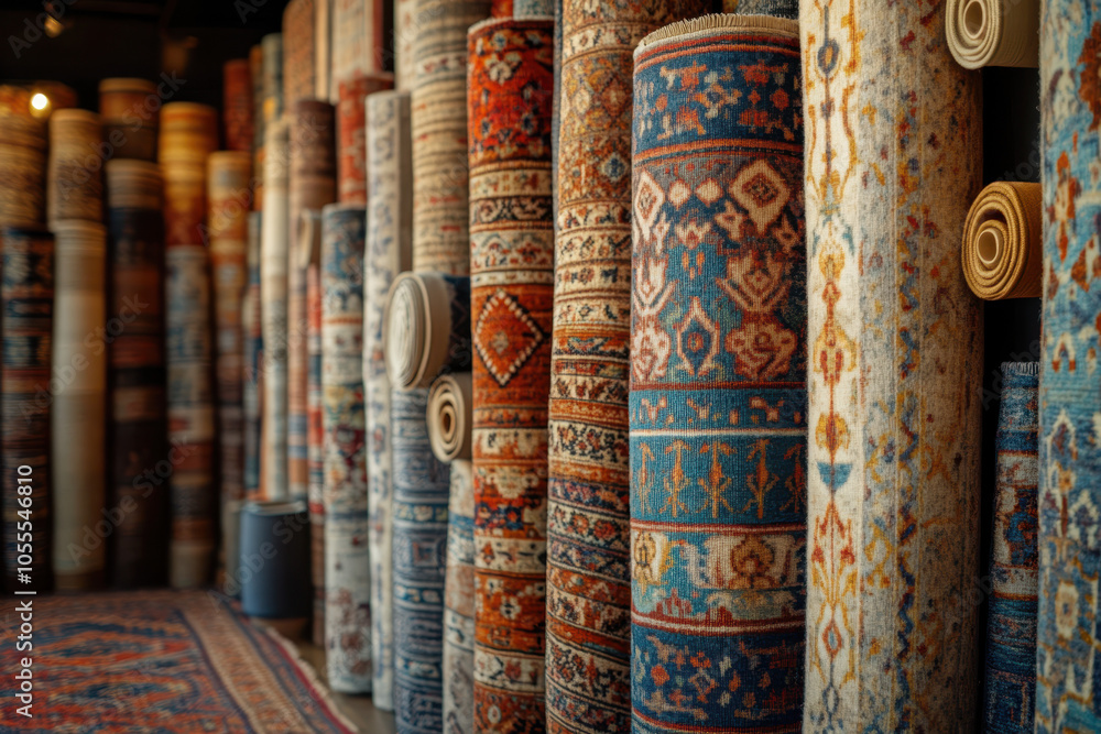 A variety of woolen carpet rolls displayed in an antique market, showcasing different patterns and colors. A variety of woolen carpet rolls displayed in an antique market, showcasing different patterns and colors.