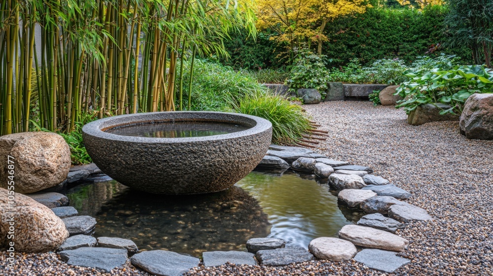 Tranquil garden featuring a stone basin amid lush greenery in autumn sunlight Tranquil garden featuring a stone basin amid lush greenery in autumn sunlight