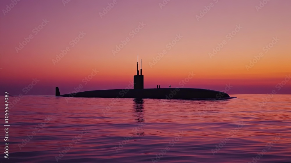 Naval submarine surfacing at dawn, silhouetted against the pink and orange sky. Naval submarine surfacing at dawn, silhouetted against the pink and orange sky.