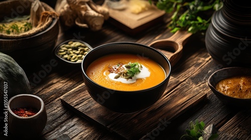  delicious bowl of pumpkin soup on a rustic wooden table, garnished with cream and seeds, surrounded by seasonal ingredients