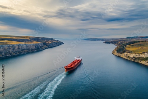 Oil tanker underway towards open sea. Crude oil tanker ship, a merchant ship specially designed for chemical products transportation. Aerial view. Generative ai