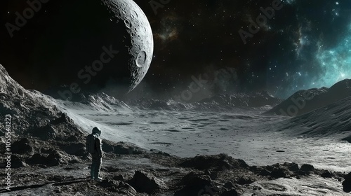 Fototapeta Naklejka Na Ścianę i Meble -  Space station orbiting the moon, overlooking the gray, desolate landscape.