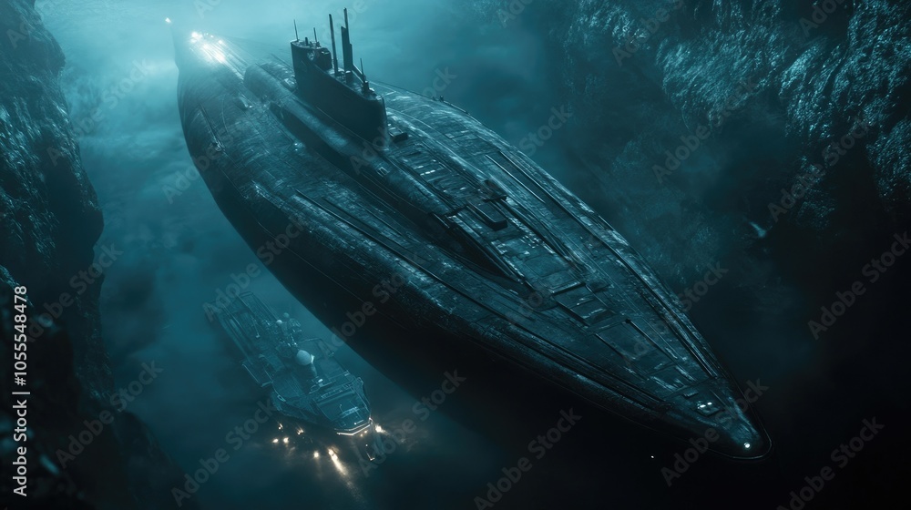 Fototapeta premium Stealth submarine gliding beneath enemy ships, undetected in the dark waters.