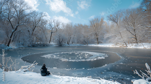 Eingefrorener See mit faszinierendem Eismuster im Winterwald photo