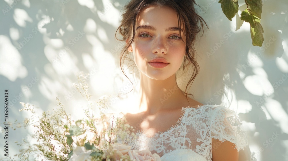 Young Woman with Bouquet in Blooming Field Young Woman with Bouquet in Blooming Field
