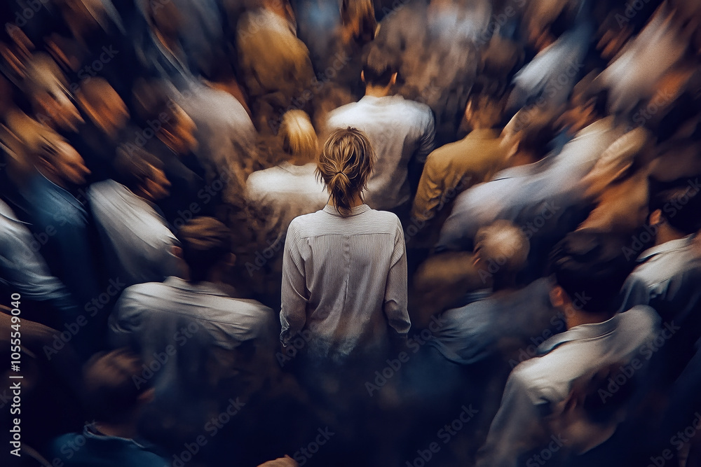 Fototapeta premium A figure standing in a crowded space with blurred faces around them, highlighting the feeling of disorientation and isolation during a panic attack.