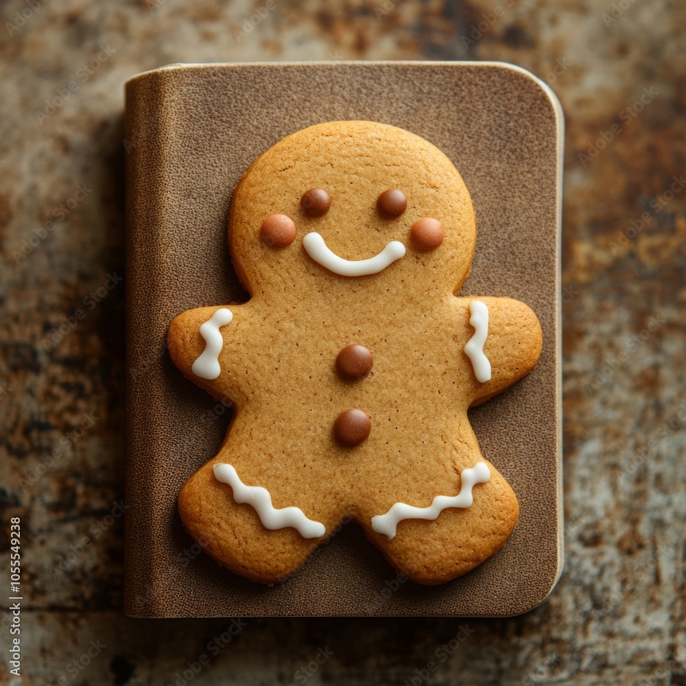 Gingerbread cookie juxtaposed with an old notebook. Simple and creative flat lay with earthy brown background. Gingerbread cookie juxtaposed with an old notebook. Simple and creative flat lay with earthy brown background.