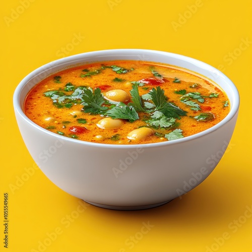 White Bowl of Orange Soup with Chickpeas and Parsley on Yellow Background