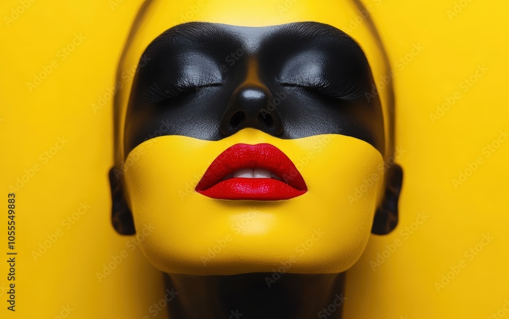 Woman's face is painted with black and yellow colors. The lips are red and the eyes are closed. yellow and black, vivid, minimalist, beautiful face Woman's face is painted with black and yellow colors. The lips are red and the eyes are closed. yellow and black, vivid, minimalist, beautiful face