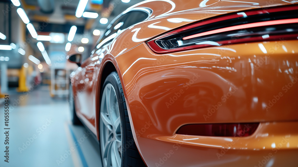 Close-up view of a sleek orange sports car with shiny reflective surface, showcasing the rear fender and taillight in a well-lit automotive workshop environment. Close-up view of a sleek orange sports car with shiny reflective surface, showcasing the rear fender and taillight in a well-lit automotive workshop environment.