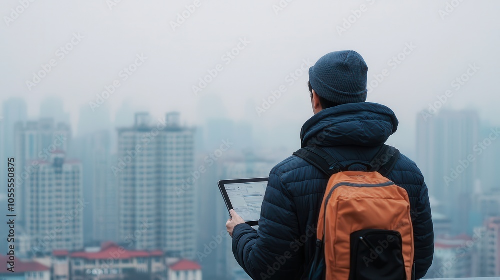 Urban skyline with person using laptop in foggy city Urban skyline with person using laptop in foggy city