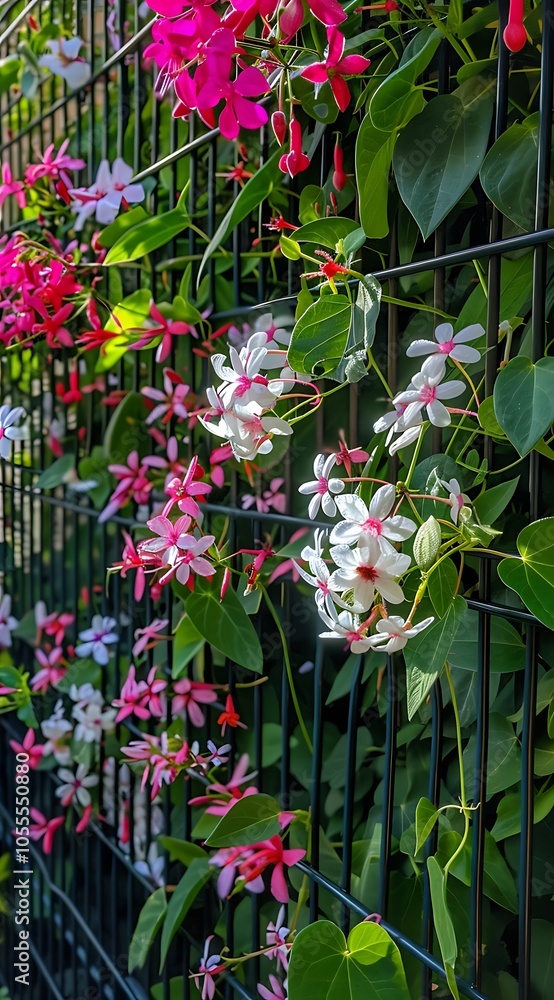 Pink and White Flowers on Green Vine with Fence Pink and White Flowers on Green Vine with Fence
