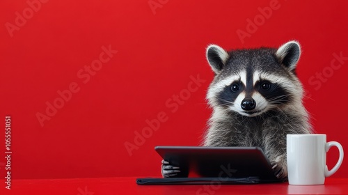 Raccoon Sitting at Desk with Tablet and Coffee Cup