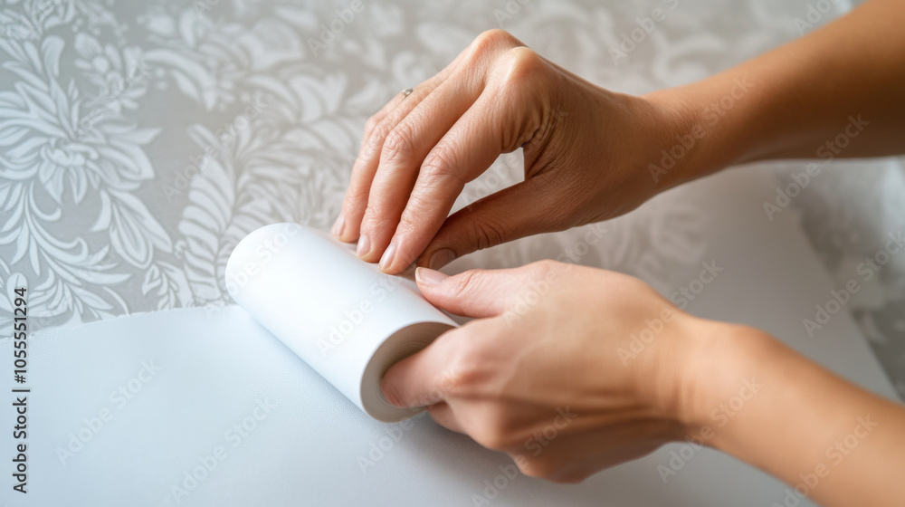 A person installing wallpaper, carefully smoothing out bubbles and aligning the pattern. A person installing wallpaper, carefully smoothing out bubbles and aligning the pattern.