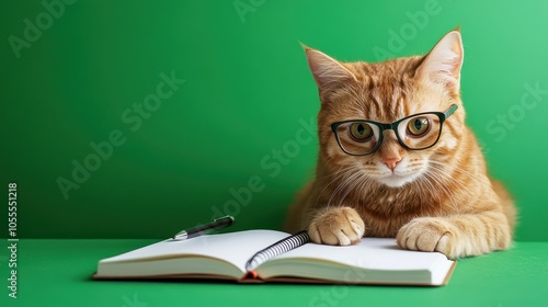 Cat Taking Notes on Notebook with Glasses
