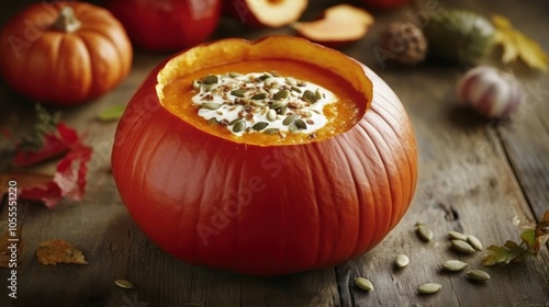  delicious bowl of pumpkin soup on a rustic wooden table, garnished with cream and seeds, surrounded by seasonal ingredients