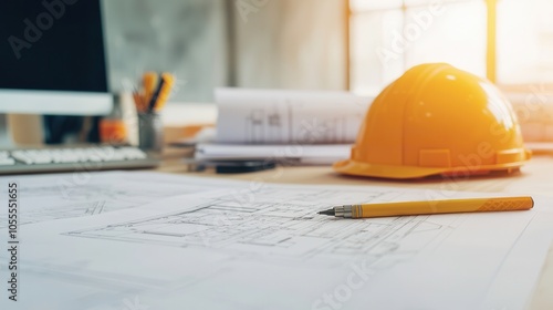 Engineer workstation with blueprints, hard hat, and pen, showcasing creativity