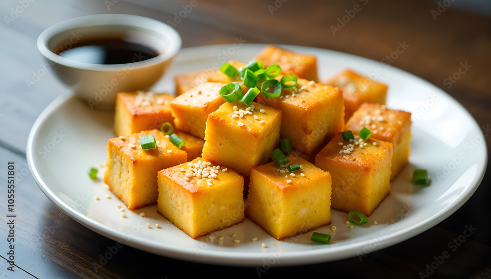 Fried tofu cubes garnished with cilantro. Vegan dish with a golden texture and rich flavor. Fried tofu cubes garnished with cilantro. Vegan dish with a golden texture and rich flavor.