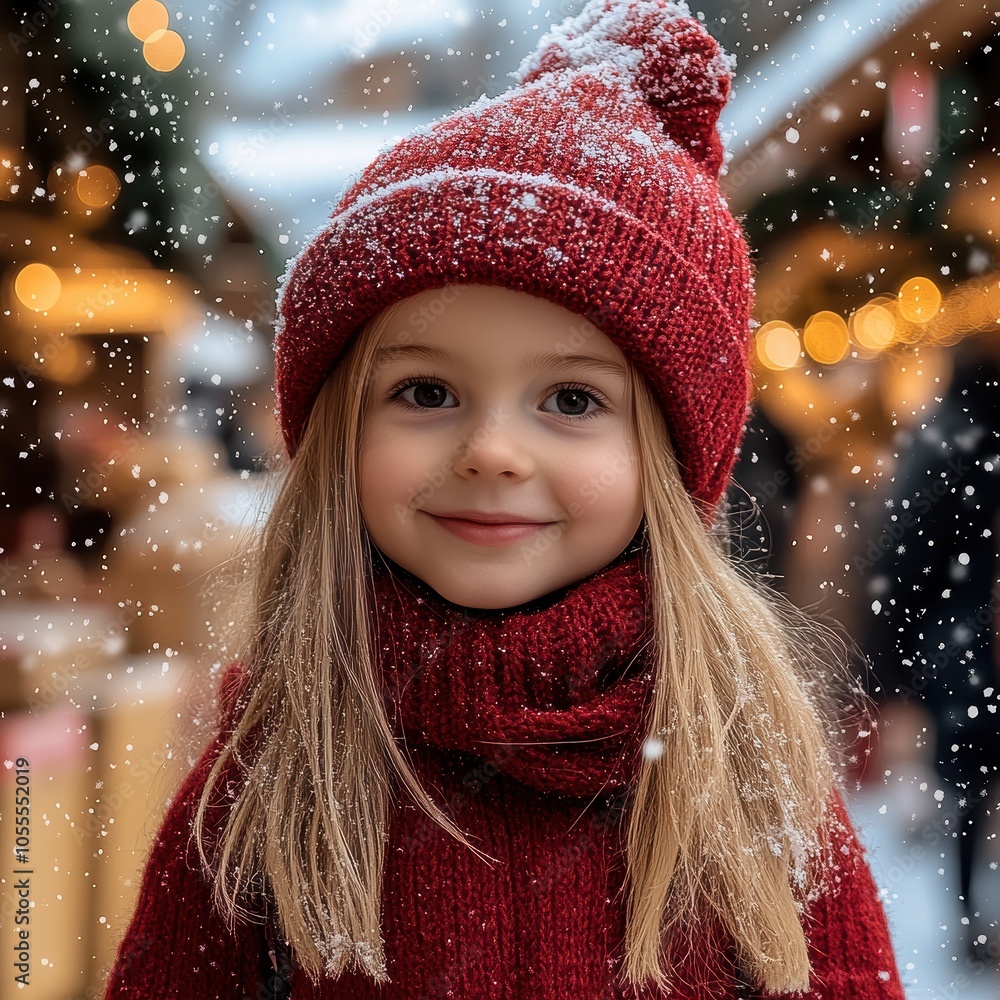 Smiling young girl in a red winter outfit enjoying a snowy market scene. Smiling young girl in a red winter outfit enjoying a snowy market scene.
