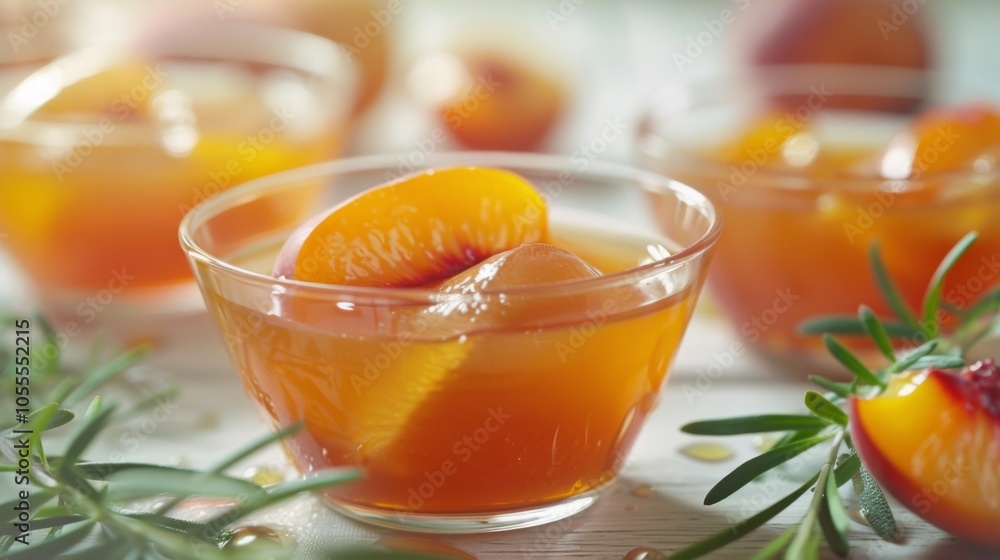 A close-up image of fresh, juicy peaches immersed in a transparent syrup, beautifully presented in glass bowls on a light surface, with sprigs around them, evoking freshness. A close-up image of fresh, juicy peaches immersed in a transparent syrup, beautifully presented in glass bowls on a light surface, with sprigs around them, evoking freshness.