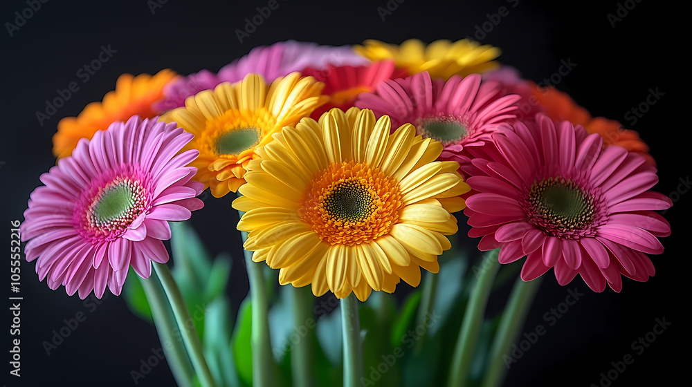 A bouquet of brightly colored Gerbera flowers. Each Gerbera has large green leaves, arranged in a cluster, creating a lively and fun bouquet. A bouquet of brightly colored Gerbera flowers. Each Gerbera has large green leaves, arranged in a cluster, creating a lively and fun bouquet.