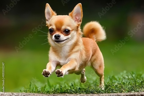 Chihuahua running with playful expression outdoors