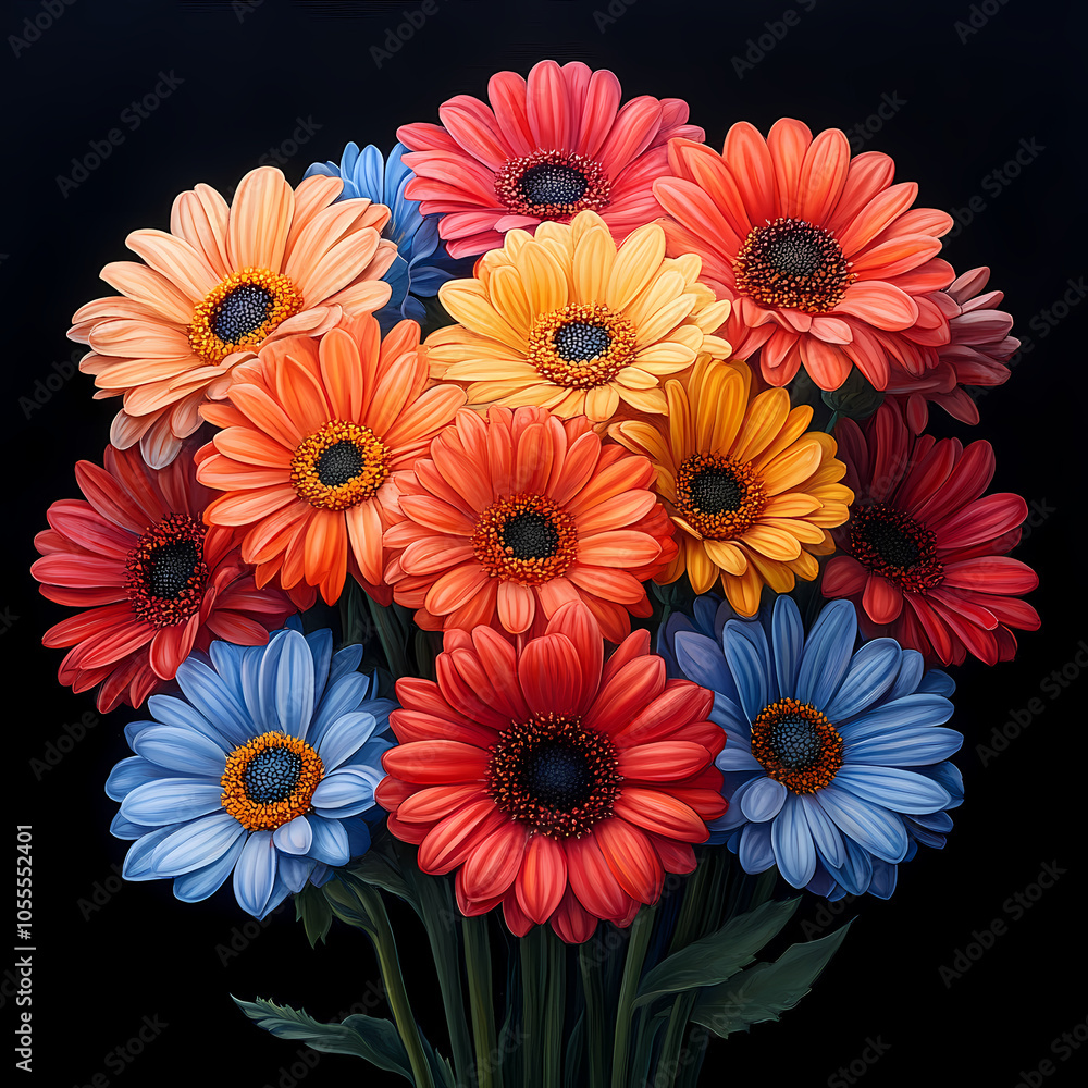 A bouquet of brightly colored Gerbera flowers. Each Gerbera has large green leaves, arranged in a cluster, creating a lively and fun bouquet. A bouquet of brightly colored Gerbera flowers. Each Gerbera has large green leaves, arranged in a cluster, creating a lively and fun bouquet.