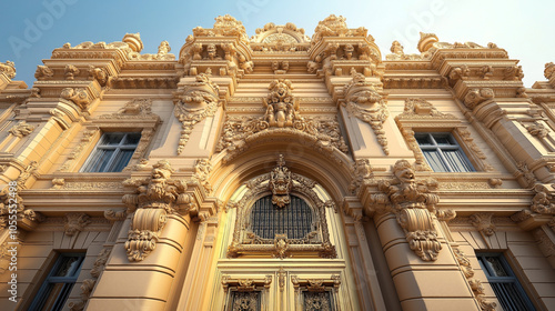Ornate facade of a historic building with intricate carvings and sculptures  featuring decorative windows and an elaborately adorned arched entrance under a clear blue sky.