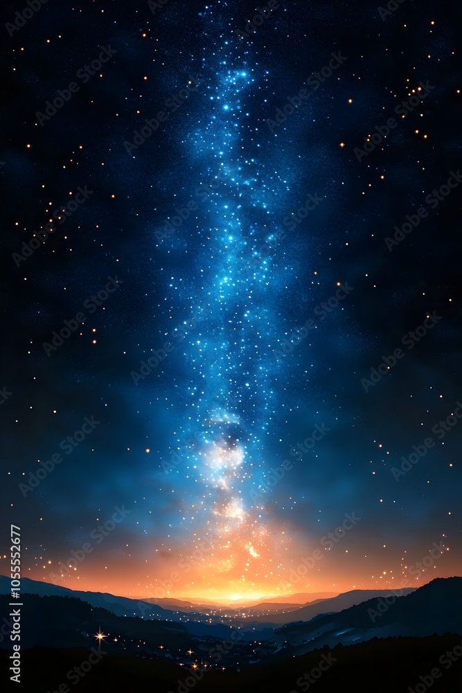 A breathtaking view of a starry night sky over a mountainous landscape, featuring a luminous Milky Way stretching brightly against the twilight hues of orange and blue. A breathtaking view of a starry night sky over a mountainous landscape, featuring a luminous Milky Way stretching brightly against the twilight hues of orange and blue.