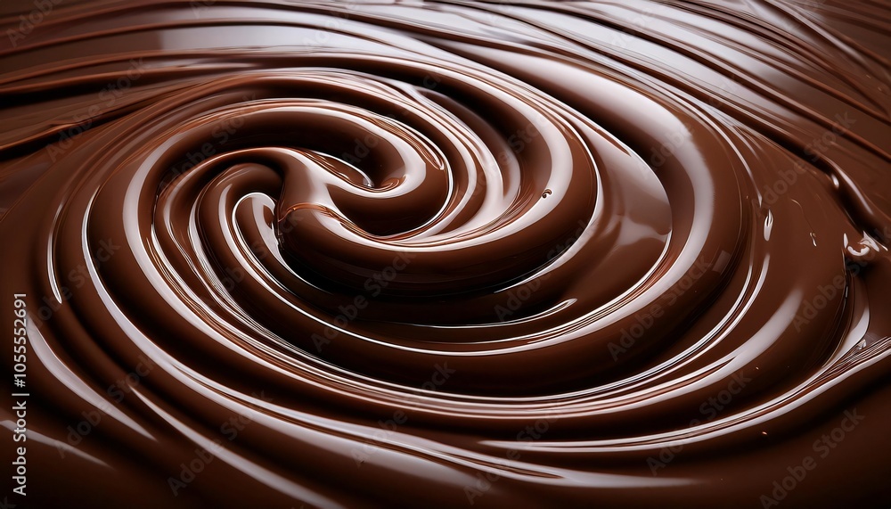Melted milk chocolate swirling and creating a spiral pattern, perfect for confectionery and dessert backgrounds Melted milk chocolate swirling and creating a spiral pattern, perfect for confectionery and dessert backgrounds