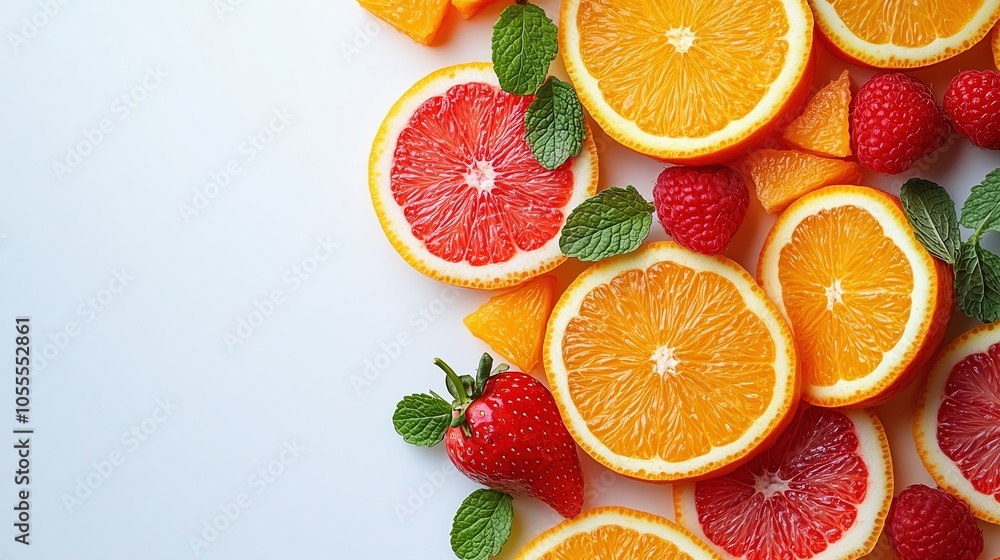 Fresh Citrus and Berries on White Surface Fresh Citrus and Berries on White Surface