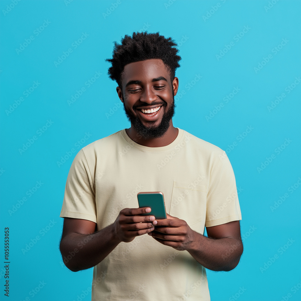 A black man with a beard is holding a cell phone and smiling. He is happy and enjoying himself on blue background A black man with a beard is holding a cell phone and smiling. He is happy and enjoying himself on blue background