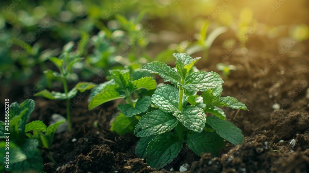 A vibrant mint plant grows in rich soil, captured in natural light, with detailed veined leaves, showcasing nature's freshness and a peaceful garden ambiance. A vibrant mint plant grows in rich soil, captured in natural light, with detailed veined leaves, showcasing nature's freshness and a peaceful garden ambiance.